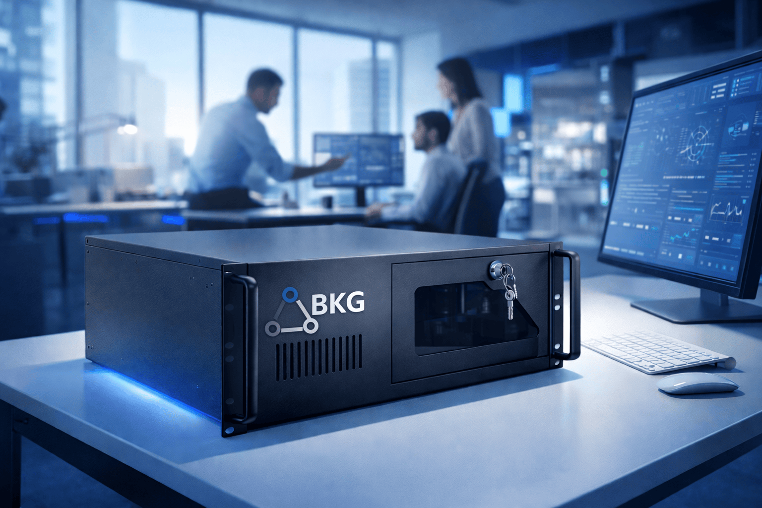 Fotografie eines modernen Büros mit BKG KI-Box Hardware auf einem Schreibtisch.