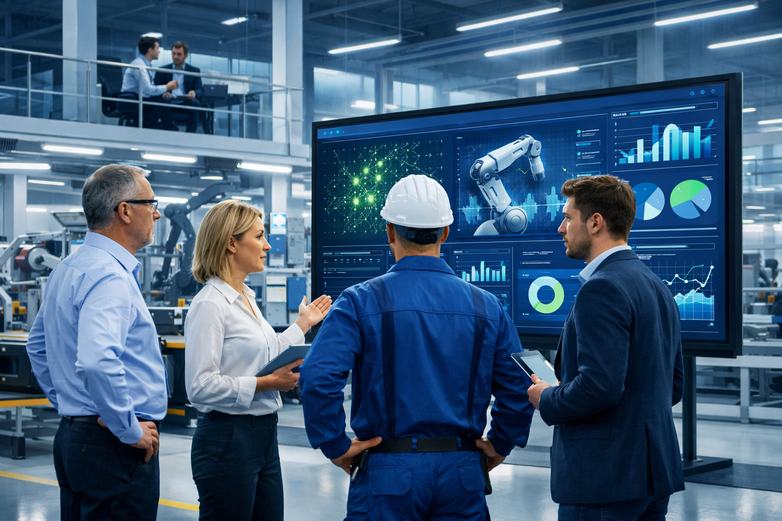 Mittelständisches Team mit KI-Dashboard in einer Produktionsumgebung.