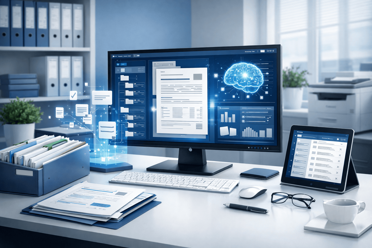Verwaltungsarbeitsplatz mit KI-gestützter Dokumentenverarbeitung.