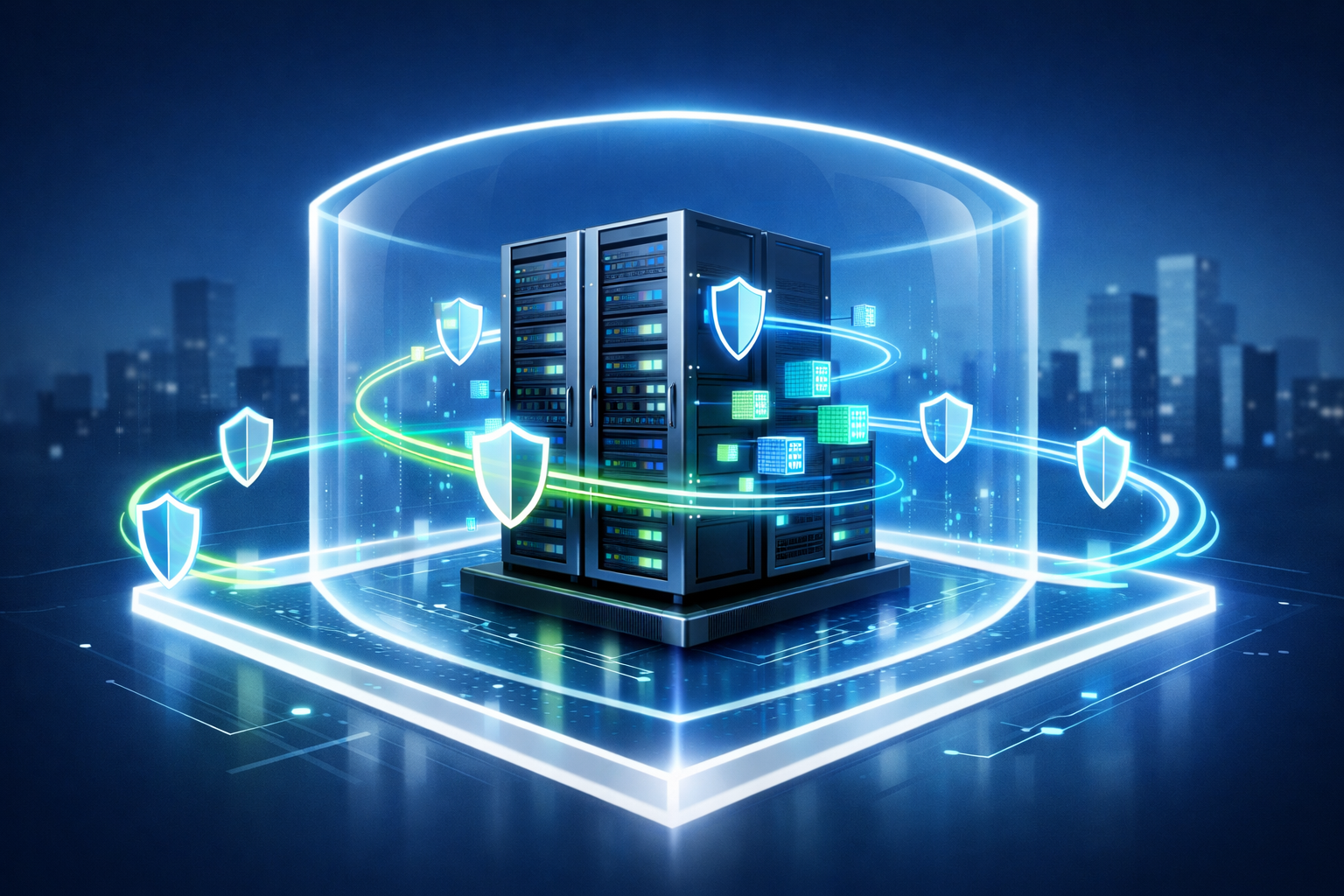 Illustration eines Server-Racks mit Datensouveränität und geschütztem Datenfluss.