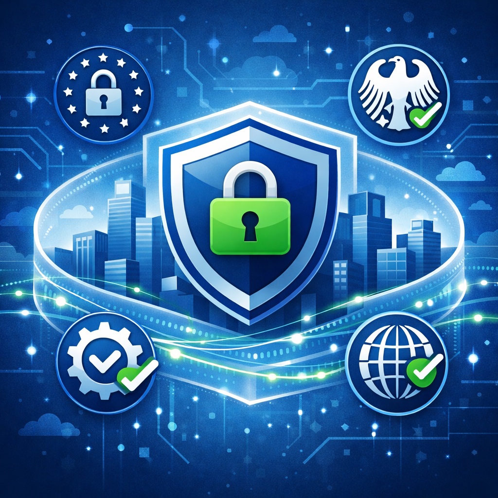 Sicherheitskonzept mit Schlosssymbol, Compliance-Badges und internem Datenfluss.