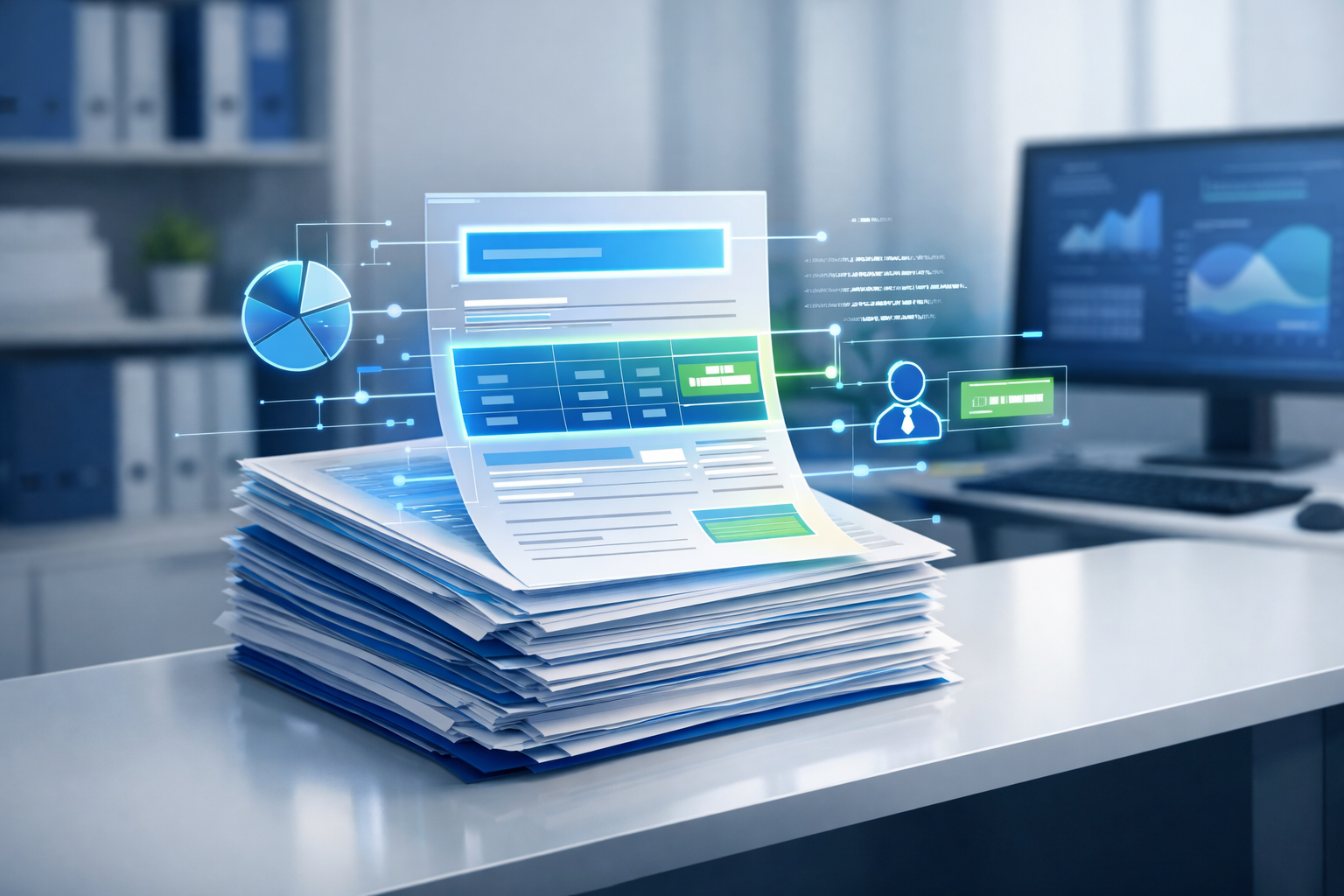 Dokumentenstapel mit digitaler Datenextraktion und OCR-Verarbeitung.