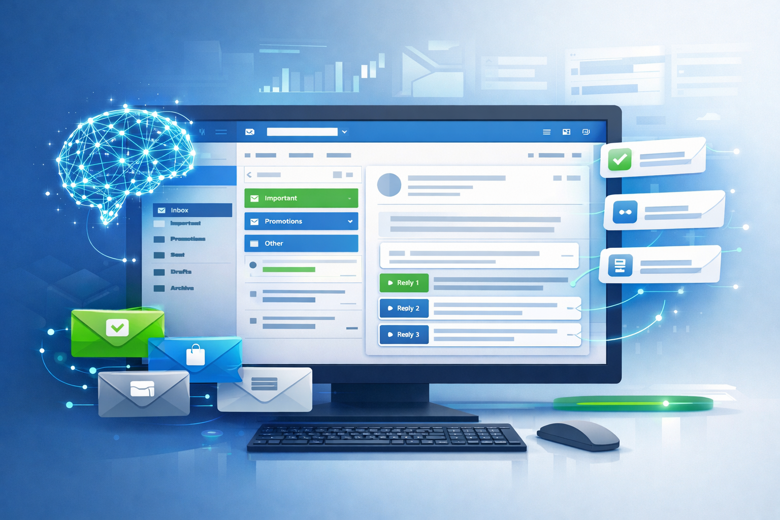 E-Mail-Posteingang mit KI-generierten Antwortvorschlägen und Kategorisierung.
