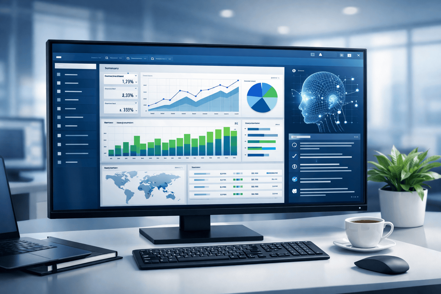 ERP-Dashboard mit KI-gestützter Analyse und Geschäftskennzahlen.