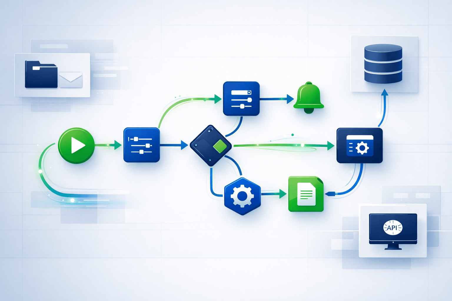 Visueller Workflow-Editor mit verbundenen Automatisierungs-Knoten.
